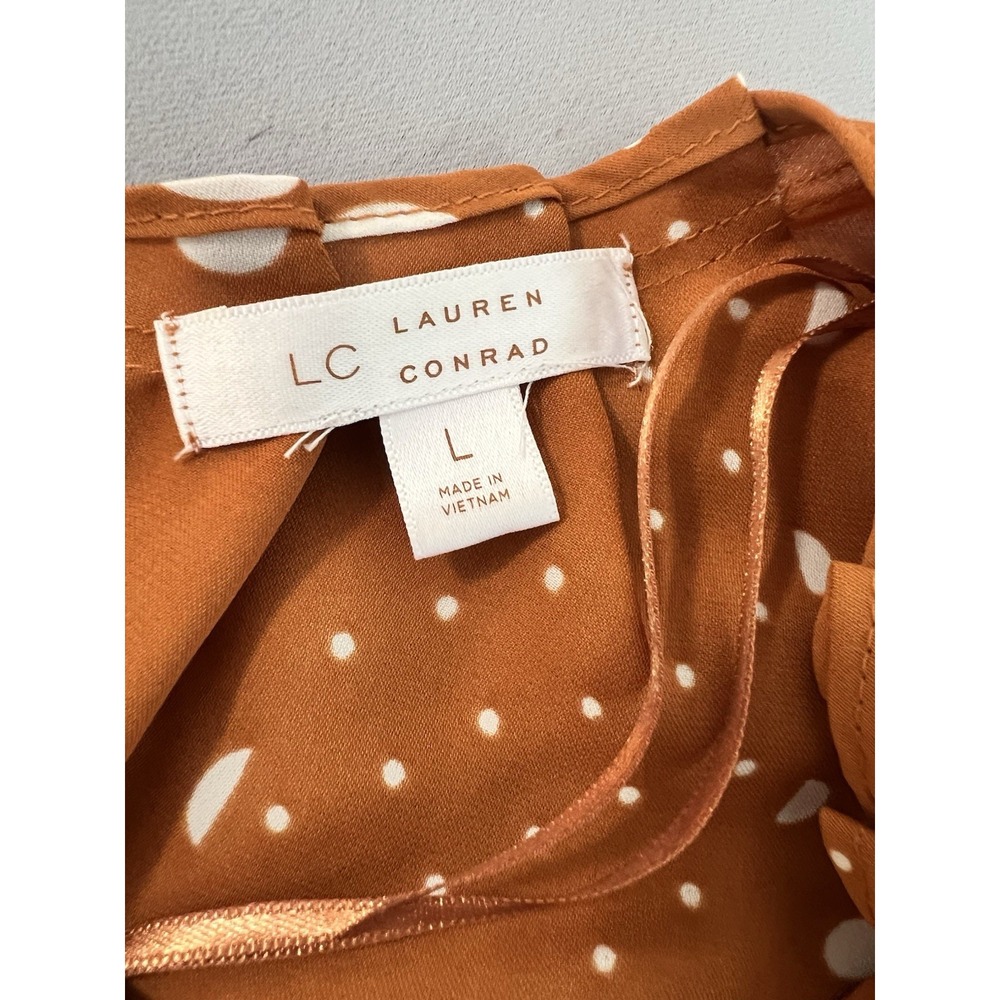 Lauren Conrad mustard orange top Blouse‎ Polka Dots Flowy Relaxed Sz Large - Picture 7 of 10
